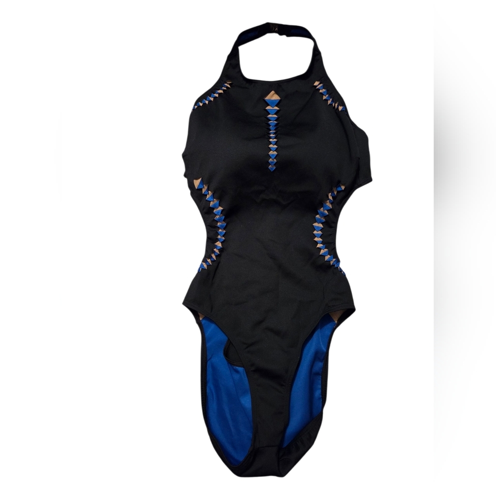 NWT Kenneth Cole Caviar Solids Mesh High Neck Swimsuit Size XL Black Blue